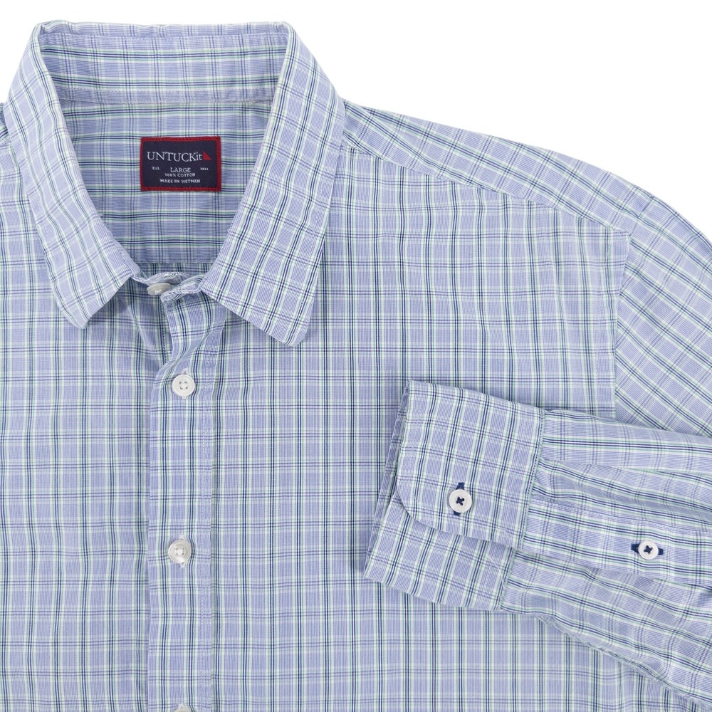 UNTUCKit Mens Large Blue Green White Plaid Button Front Shirt Long Sleeve Casual